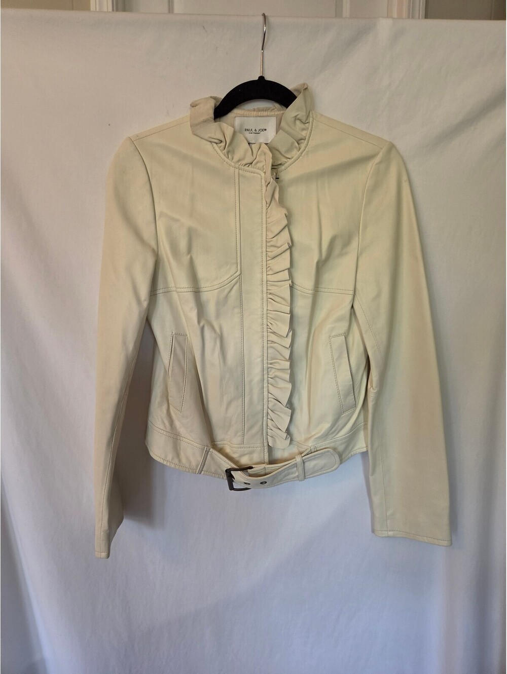 Paul & Joe for Target 100% Genuine Leather Ruffle Belted Jacket Cream Ivory M